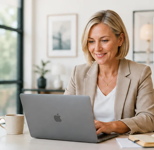Middle-aged business owner working on a laptop in a modern workspace