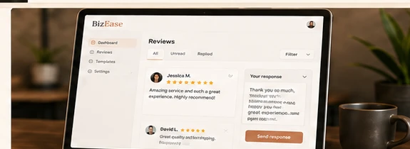 Laptop showing a review response dashboard