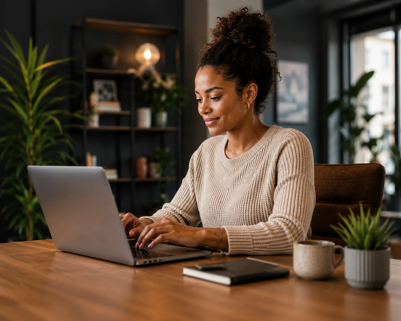 Business owner working on a laptop in a modern workspace